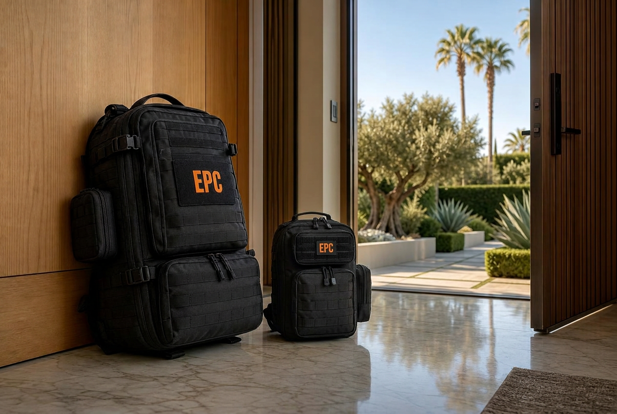 A two-person emergency backpack and a small child's go-bag inside a Los Angeles home